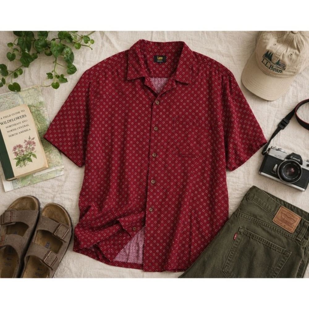 Lee Red Floral camp Shirt men's large retro coastal dad lightweight short sleeve